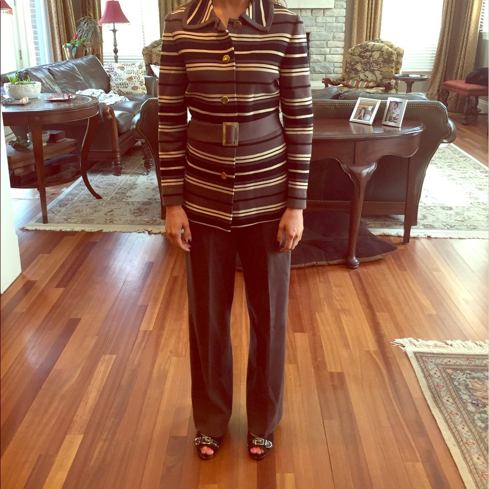 Striped Black and Brown Button-Up Women's Jacket with Belt